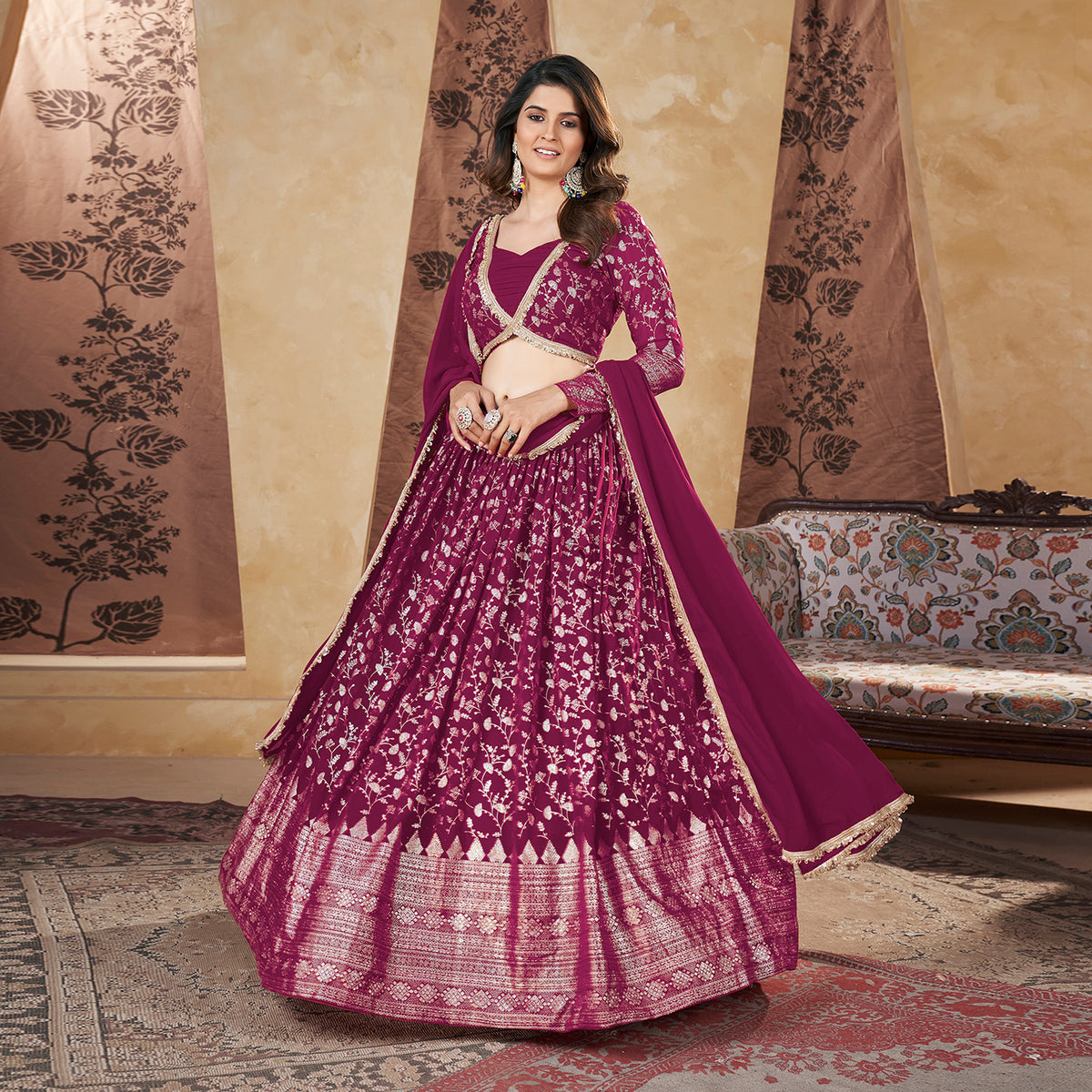 Deep Pink Georgette Pigment Foil Lehenga Choli