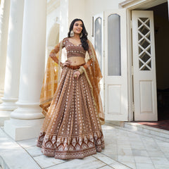 Brown Butterfly Net Embroidery Lehenga Choli