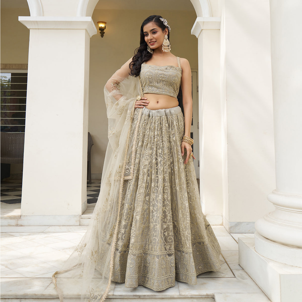 Ivory Butterfly Net Embroidery Lehenga Choli