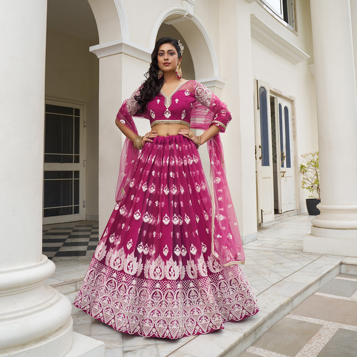 Lehenga Choli brodé en filet de papillon rose