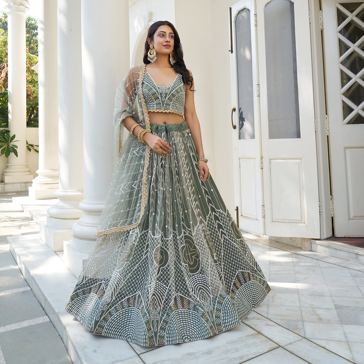 Dusty Green Butterfly Net Embroidery Lehenga Choli