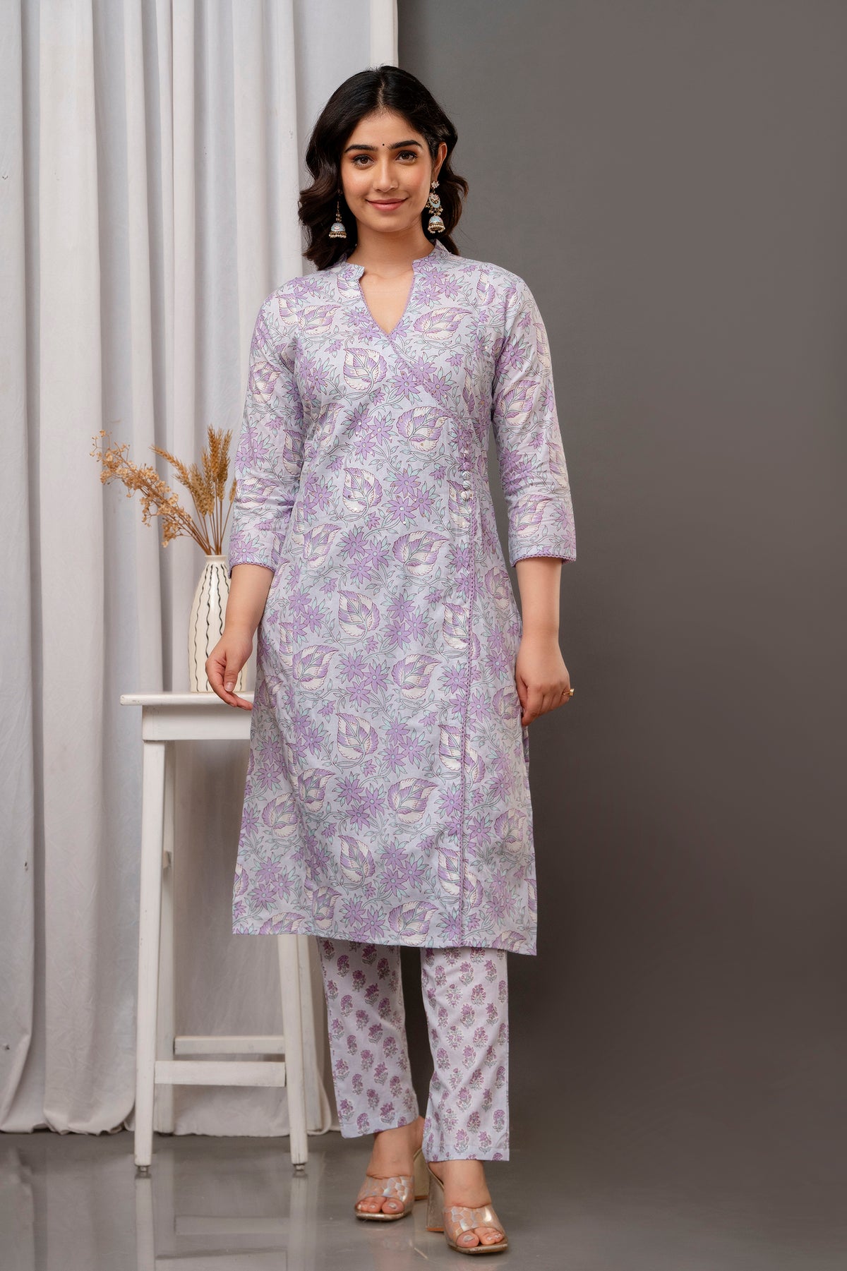 Purple Ready to Wear Cotton Printed Salwar Suit with Pant Dupatta