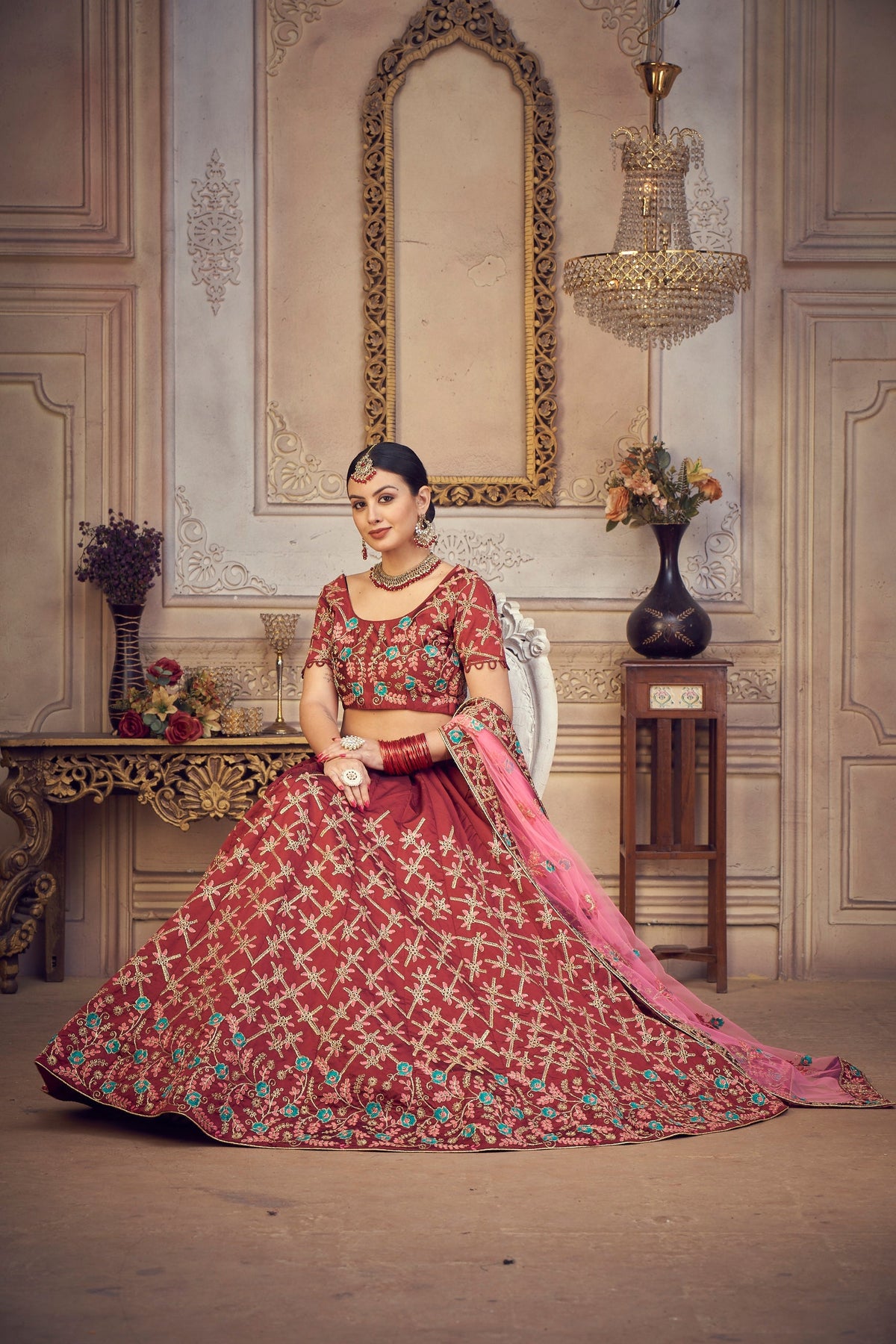 Maroon Taffeta Silk Embroidery Lehenga Choli