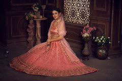 Peach Net Embroidery Lehenga Choli