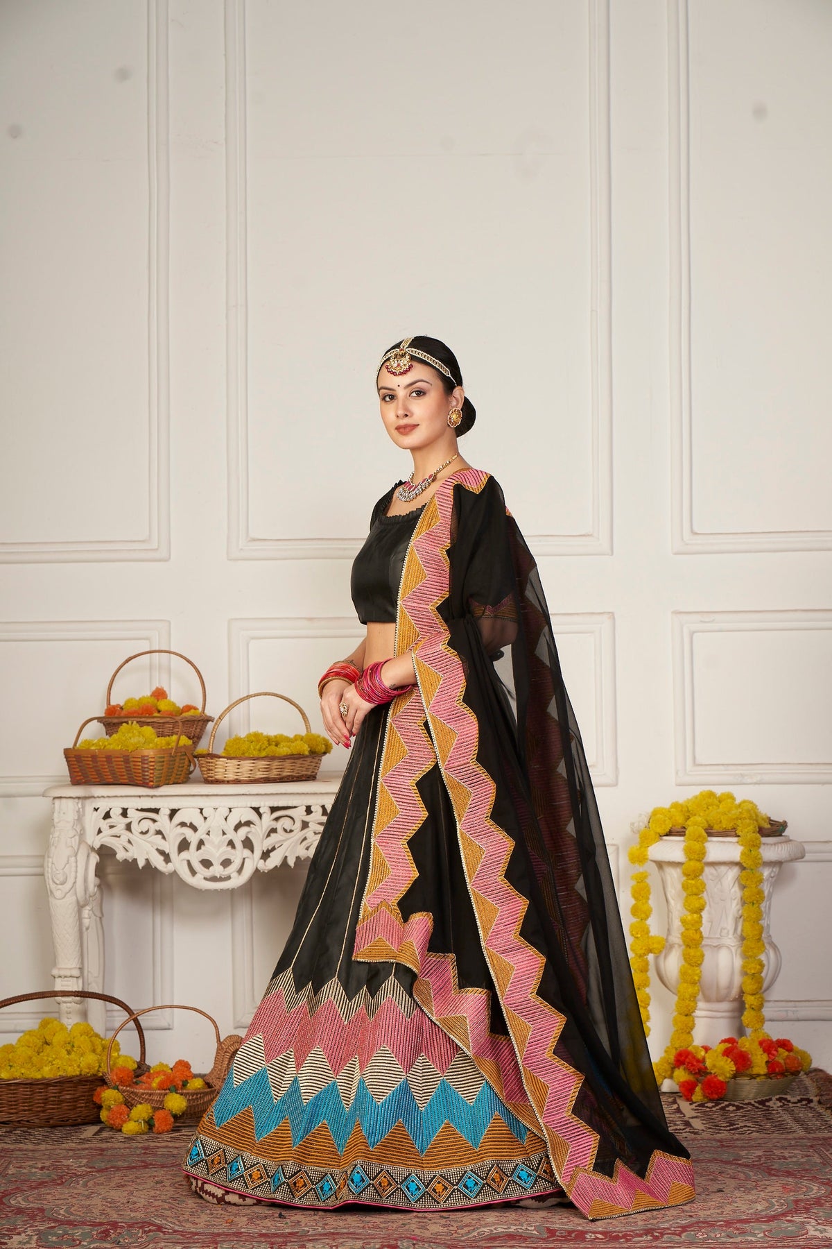 Black Taffeta Silk Embroidery Lehenga Choli