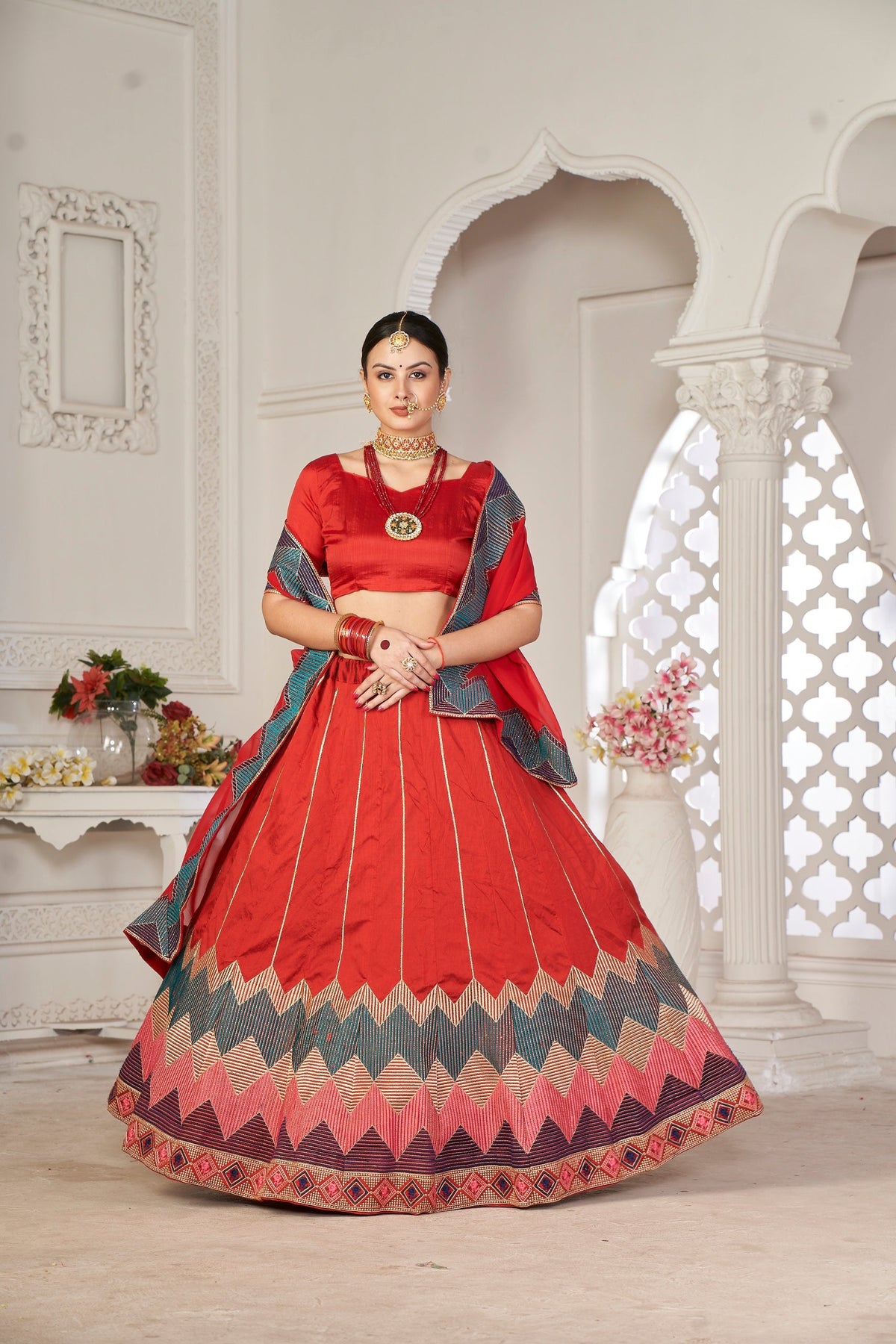 Red Taffeta Silk Embroidery Lehenga Choli