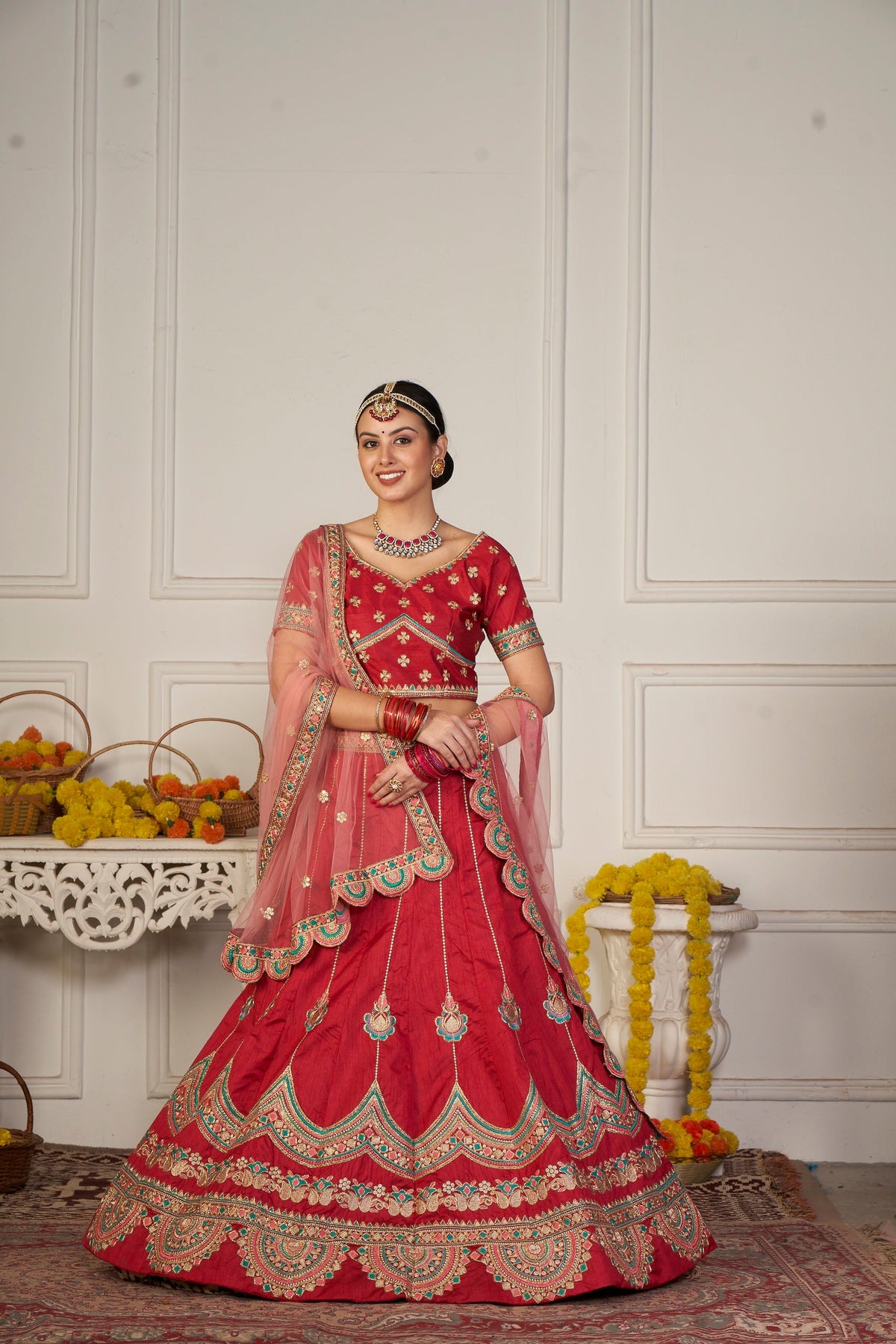 Maroon Taffeta Silk Embroidery Lehenga Choli