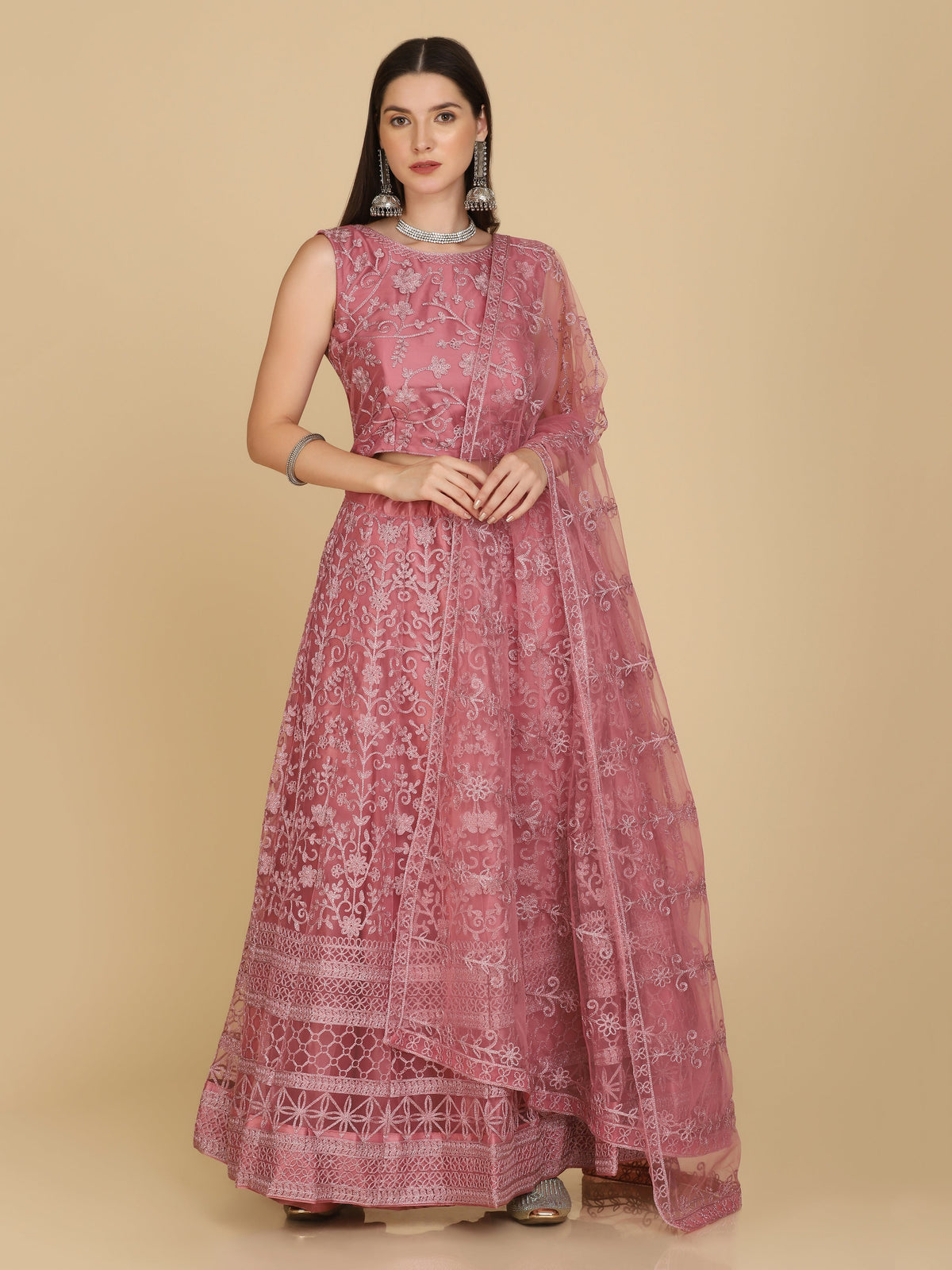 Pink Net Embroidery Lehenga Choli