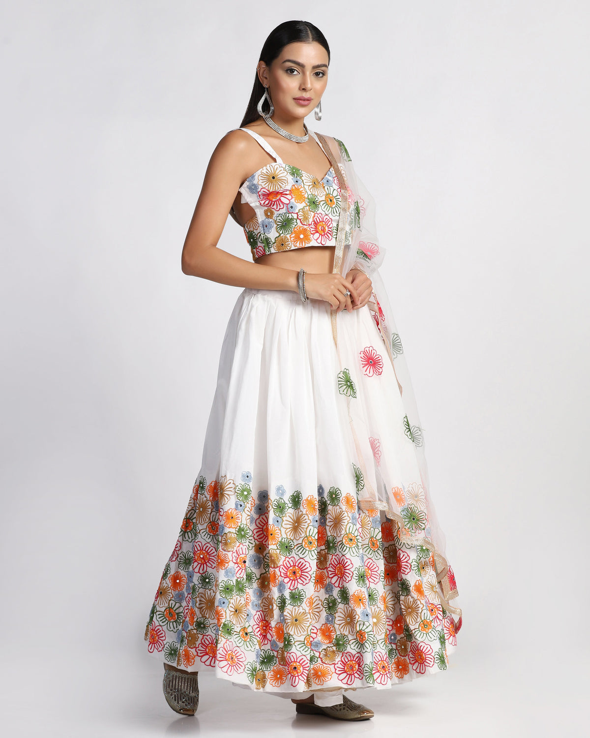 White Taffeta Silk Embroidery Lehenga Choli