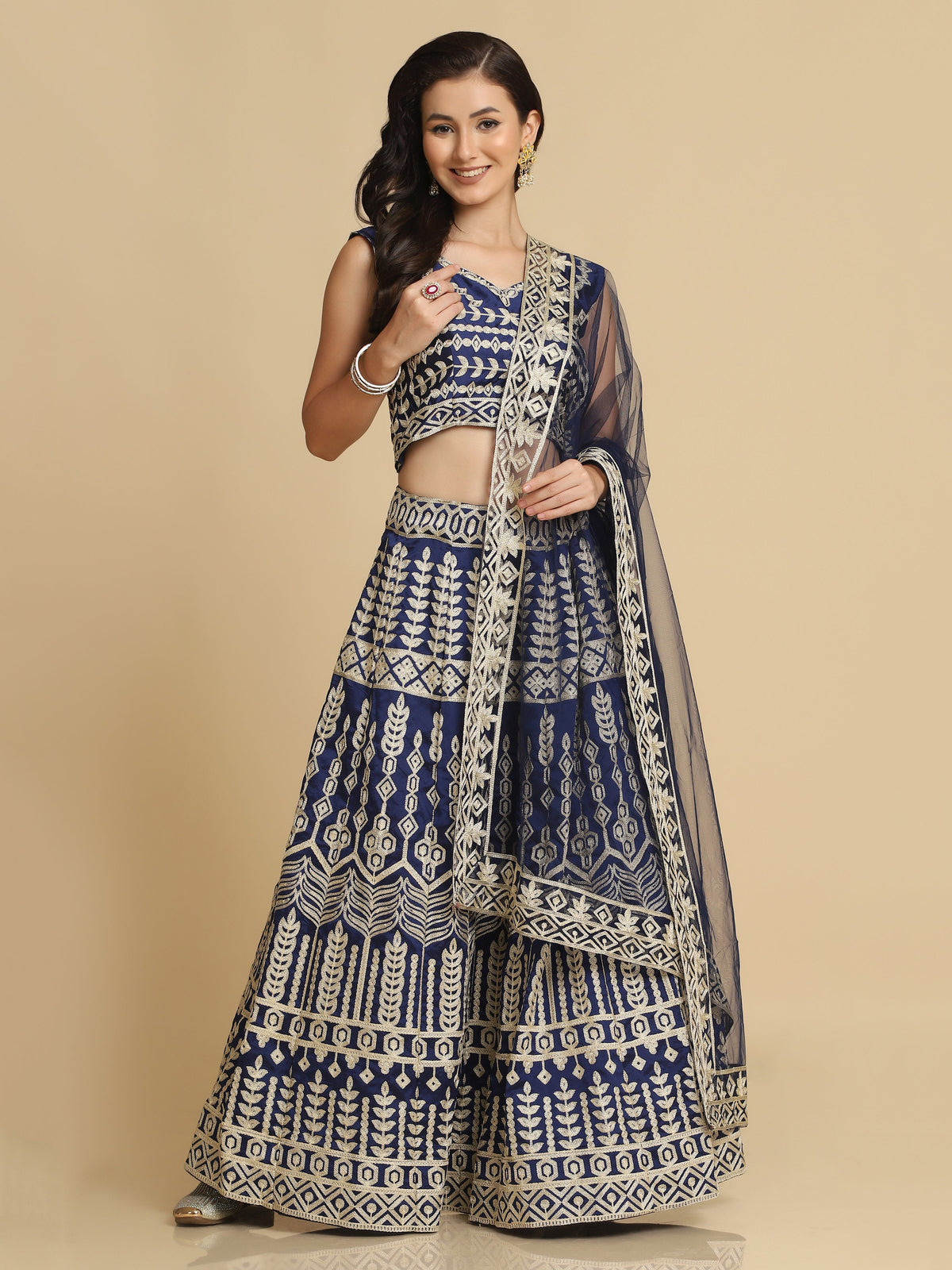 Blue Taffeta Silk Embroidery Lehenga Choli