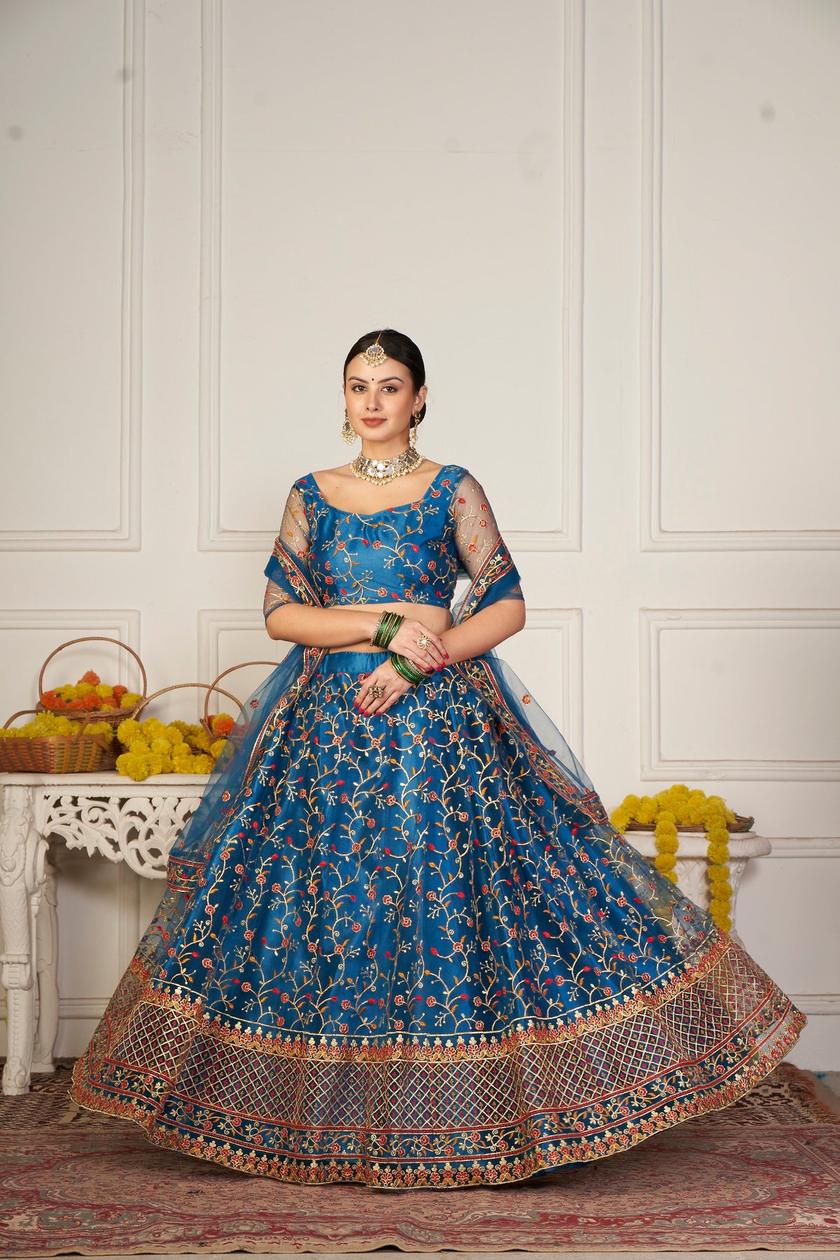 Teal Net Embroidery Lehenga Choli