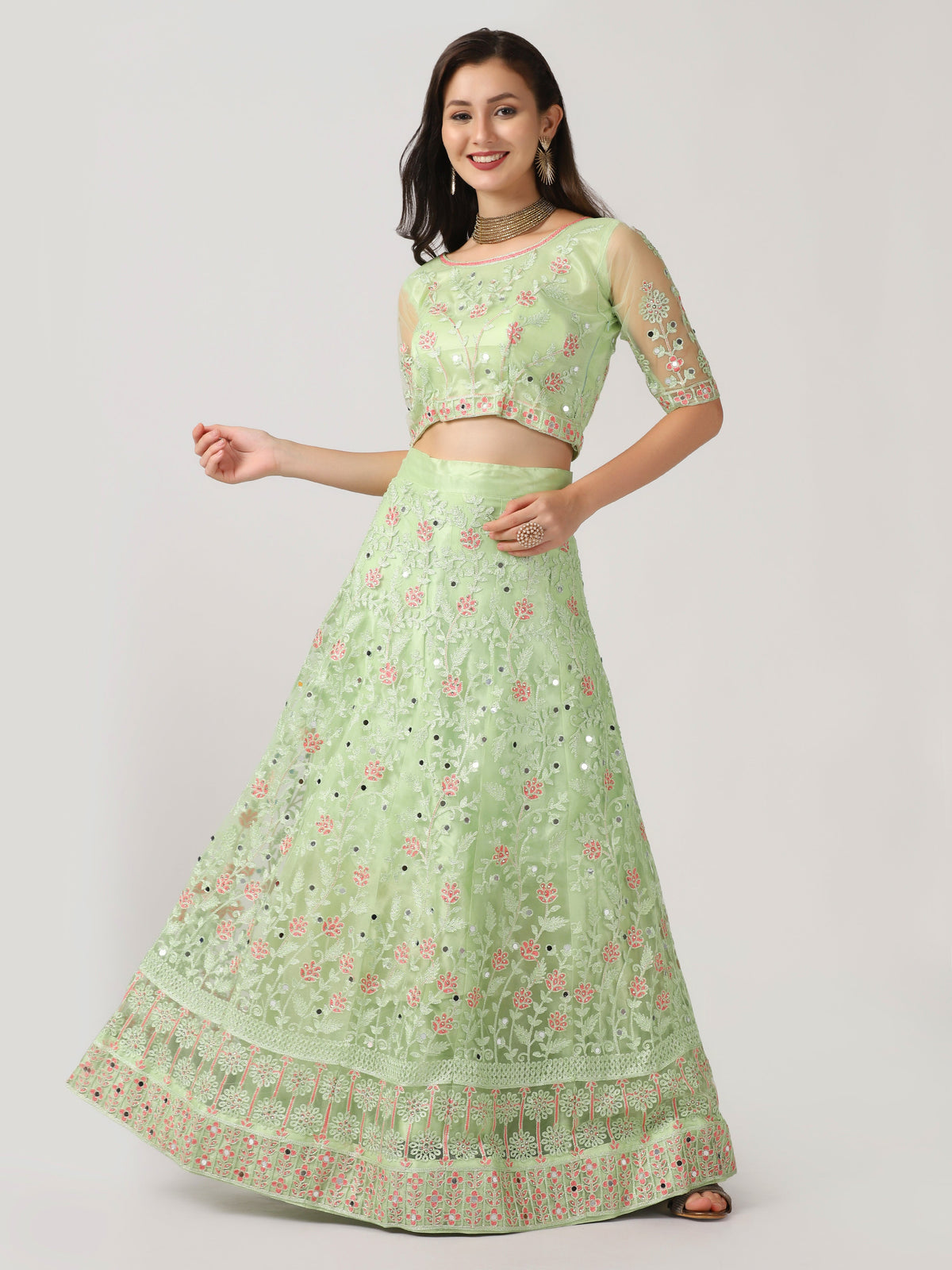 Parrot Green Net Embroidery Lehenga Choli