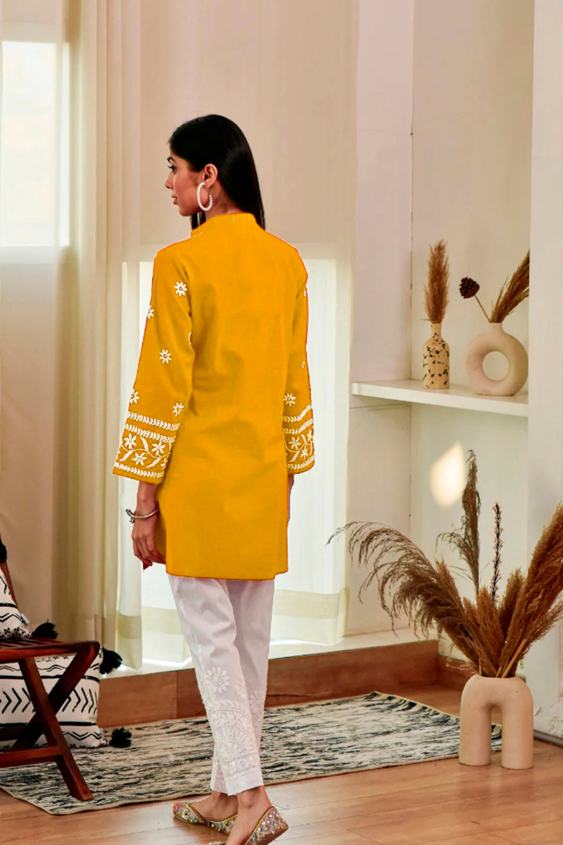 Yellow Rayon Chikankari Embroidery  Kurti