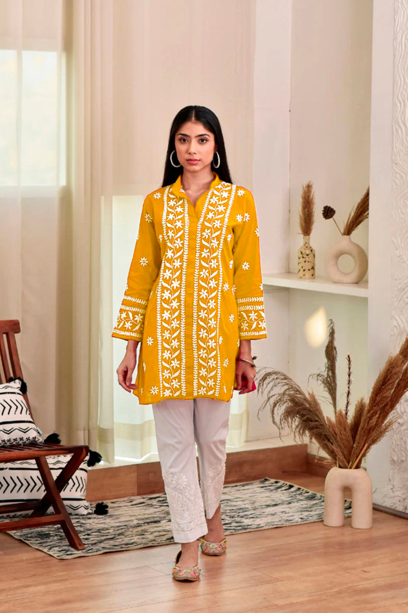 Yellow Rayon Chikankari Embroidery  Kurti