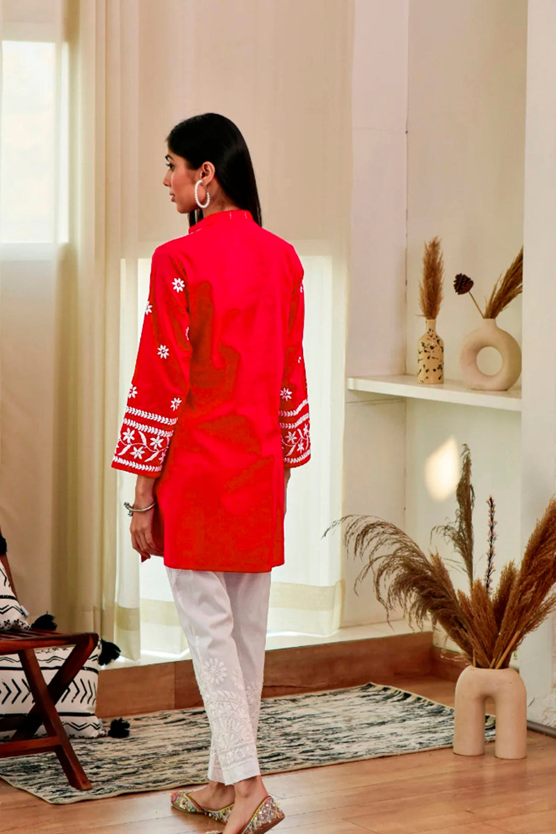 Red Rayon Chikankari Embroidery  Kurti