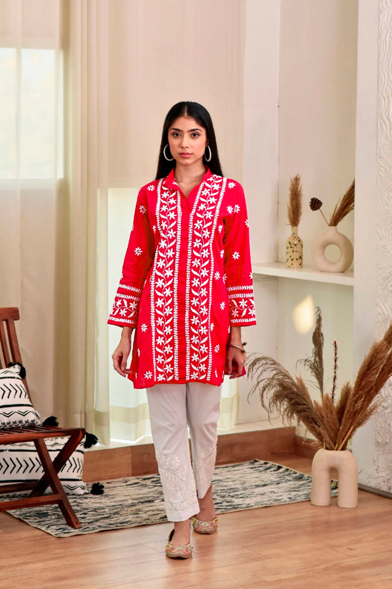 Red Rayon Chikankari Embroidery  Kurti