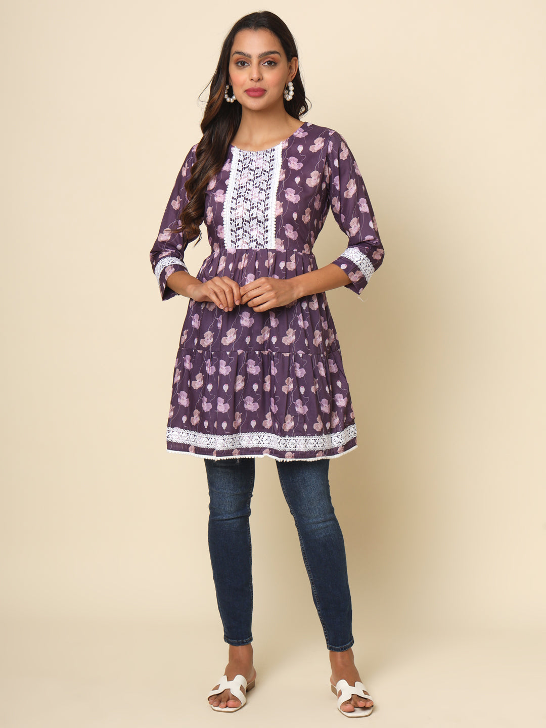 Purple Cotton Printed Lace Tunic