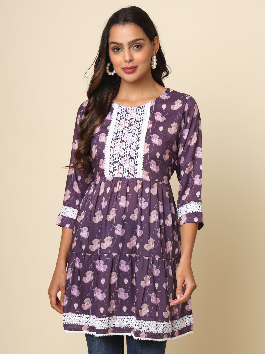 Purple Cotton Printed Lace Tunic