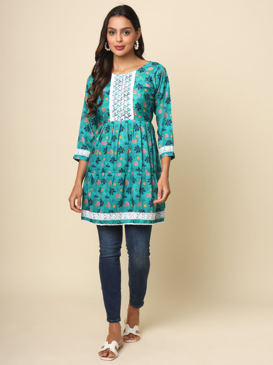 Sea Green Cotton Printed Lace Tunic