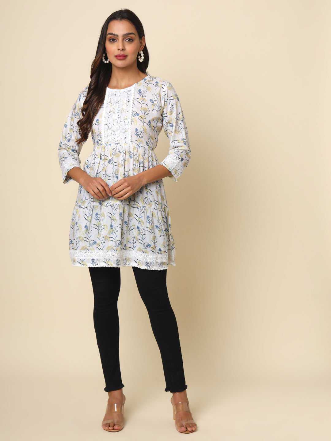 Off White Cotton Printed Lace Tunic