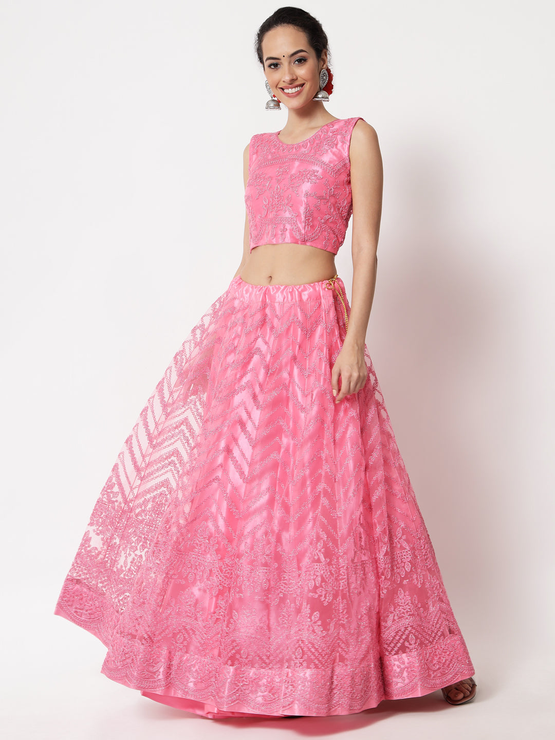 Pink Net Embroidery Lehenga Choli