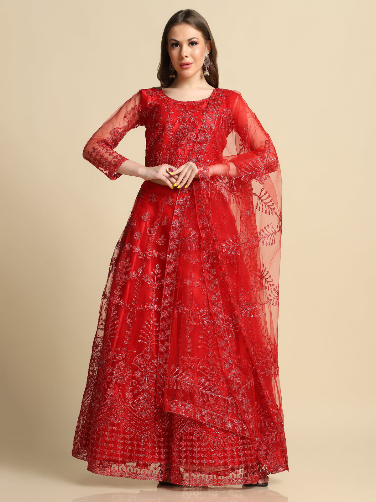 Red Net Embroidery Lehenga Choli