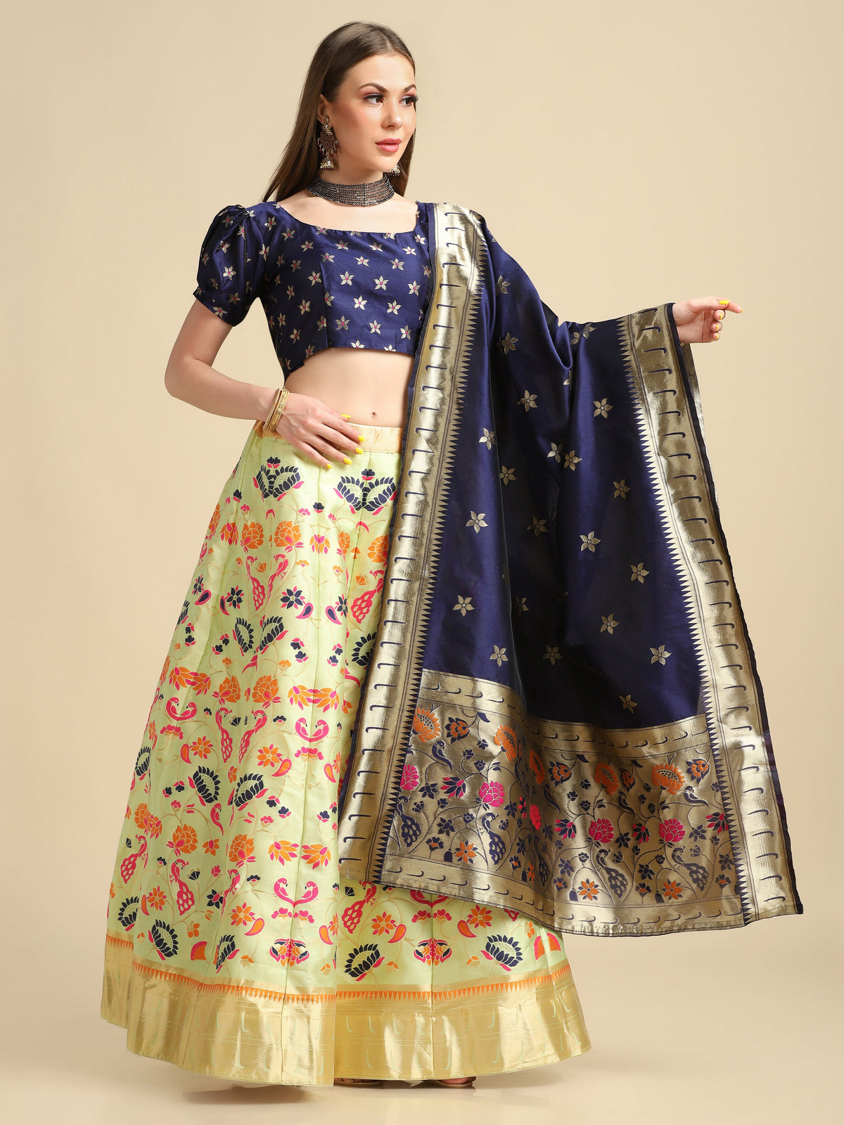 Blue Jacquard Silk Embroidery Lehenga Choli