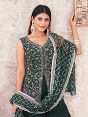 Costume Sharara brodé en georgette verte avec bas et dupatta