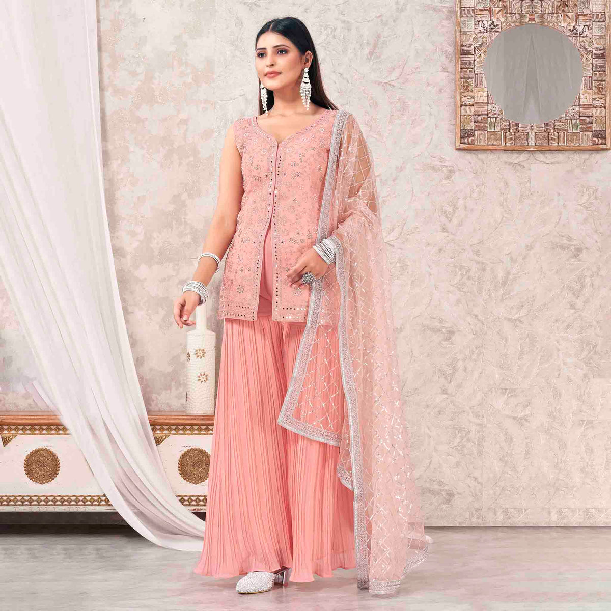 Peach Georgette Embroidered Sharara Suit With Bottom and Dupatta