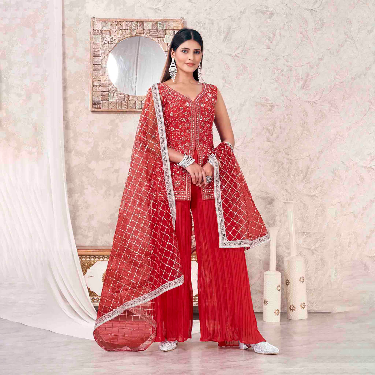 Red Georgette Embroidered Sharara Suit With Bottom and Dupatta