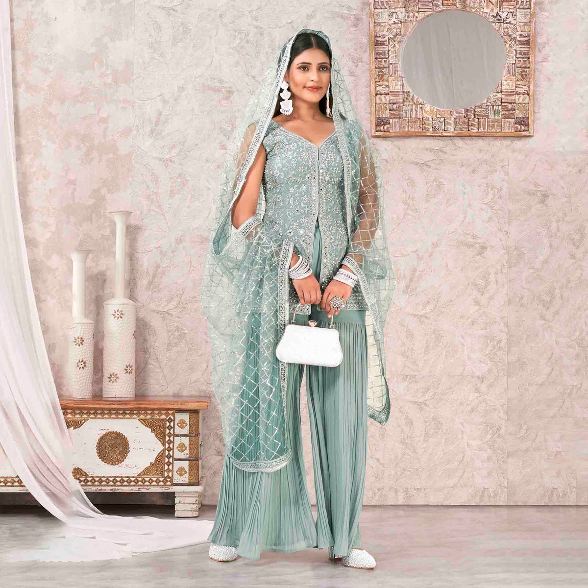 Turquoise Georgette Embroidered Sharara Suit With Bottom and Dupatta