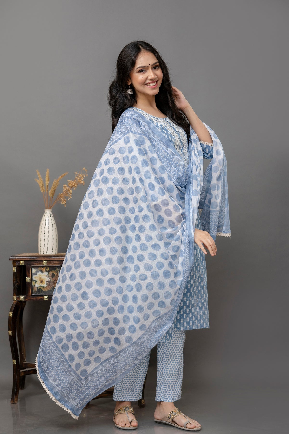 Blue Ready to Wear Cotton Embroidered Salwar Suit with Bottom Dupatta