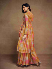 Mustard  Muslin Printed Angrakha Style Cord Set With Tassels Details