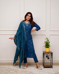 Teal Blue Viscose Chanderi Embroidered Salwar Suit With Pant Dupatta