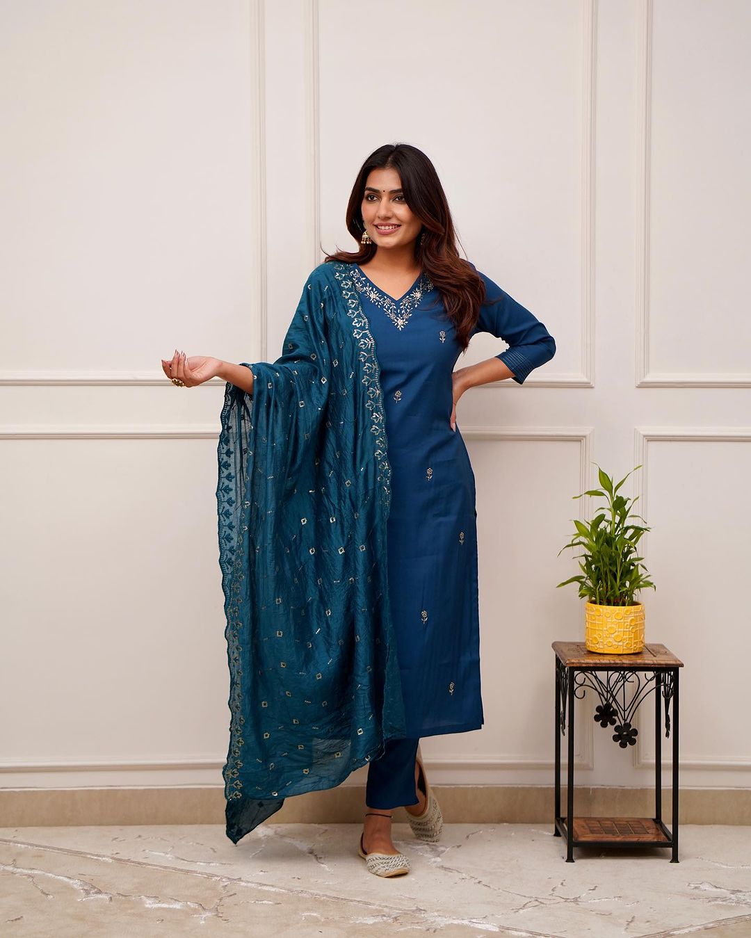 Teal Blue Viscose Chanderi Embroidered Salwar Suit With Pant Dupatta