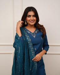 Teal Blue Viscose Chanderi Embroidered Salwar Suit With Pant Dupatta