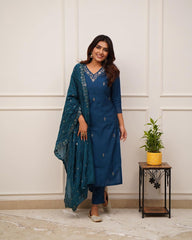 Teal Blue Viscose Chanderi Embroidered Salwar Suit With Pant Dupatta