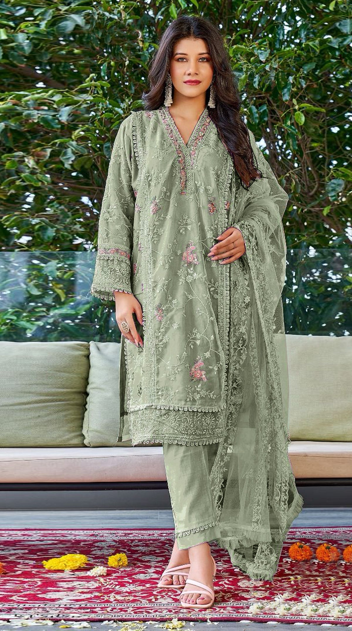 Green Georgette Embroidered Pakistani Salwar Suit With Pant Dupatta