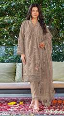 Costume Salwar pakistanais brodé en georgette beige avec pantalon Dupatta