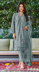 Grey Georgette Embroidered Pakistani Salwar Suit With Pant Dupatta