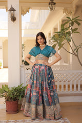 Teal Russion Silk Digital Print Ready To Wear Lehenga Choli