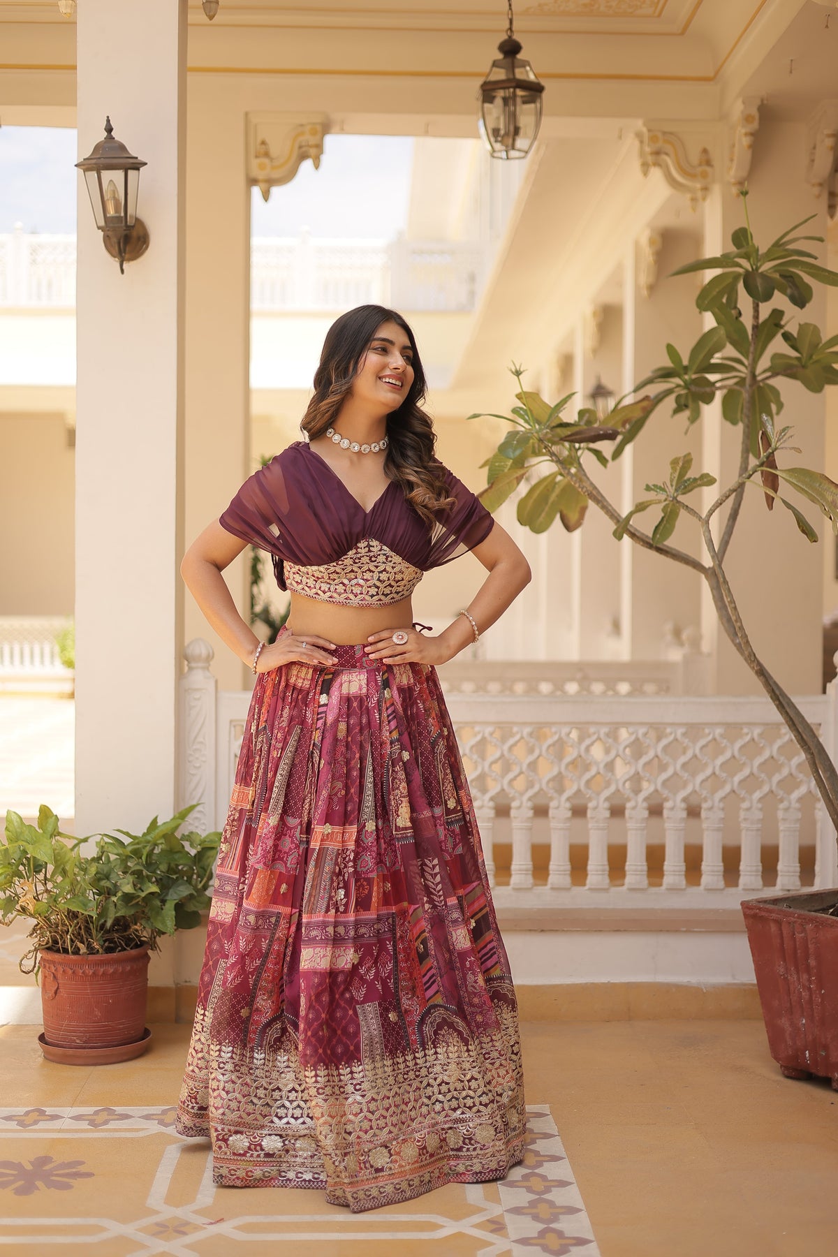 Wine Russion Silk Digital Print Ready To Wear Lehenga Choli