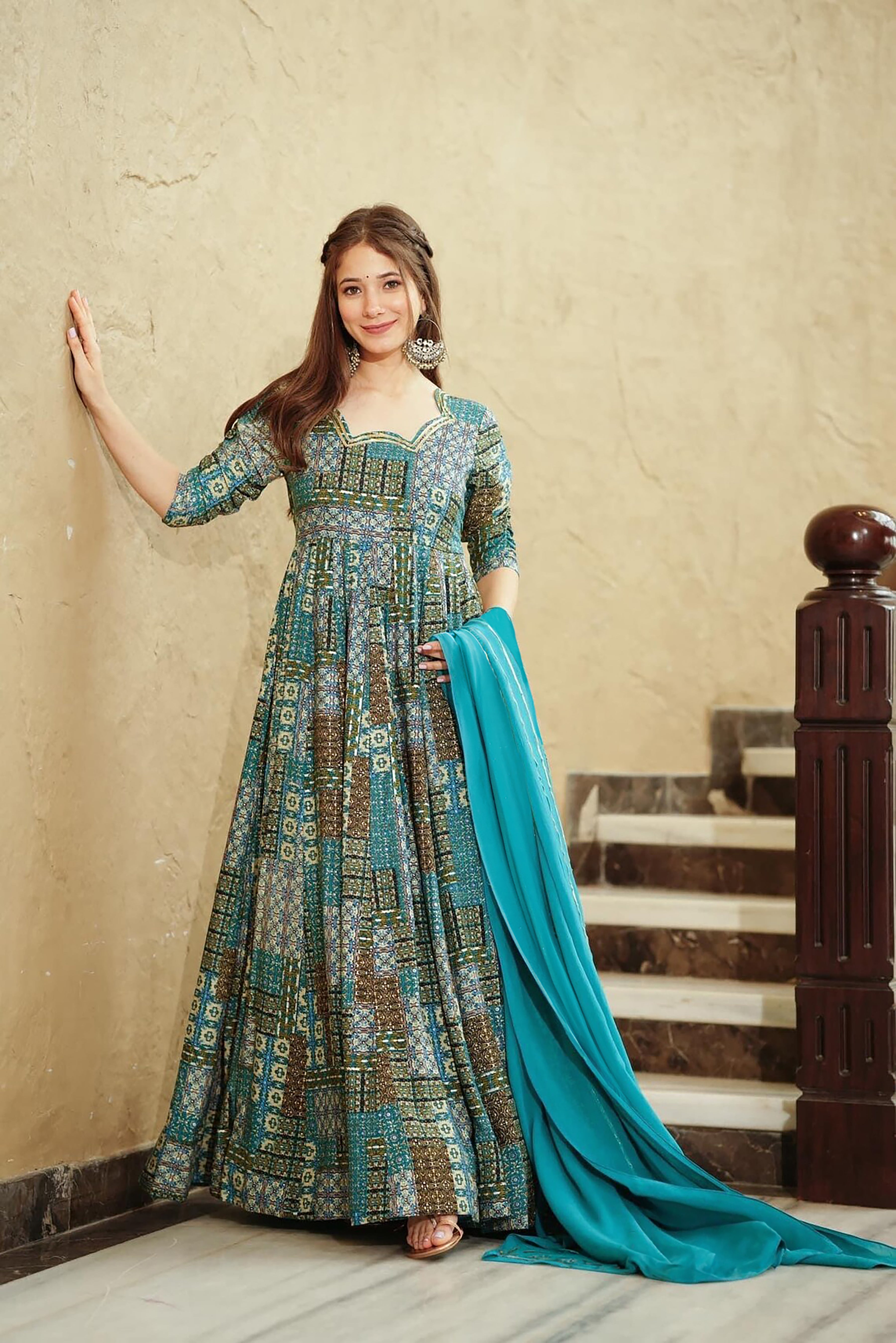 Blue Rayon Digital Printed Anarkali Flared Gown