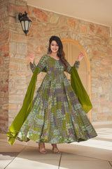 Green Rayon Digital Printed Anarkali Flared Gown