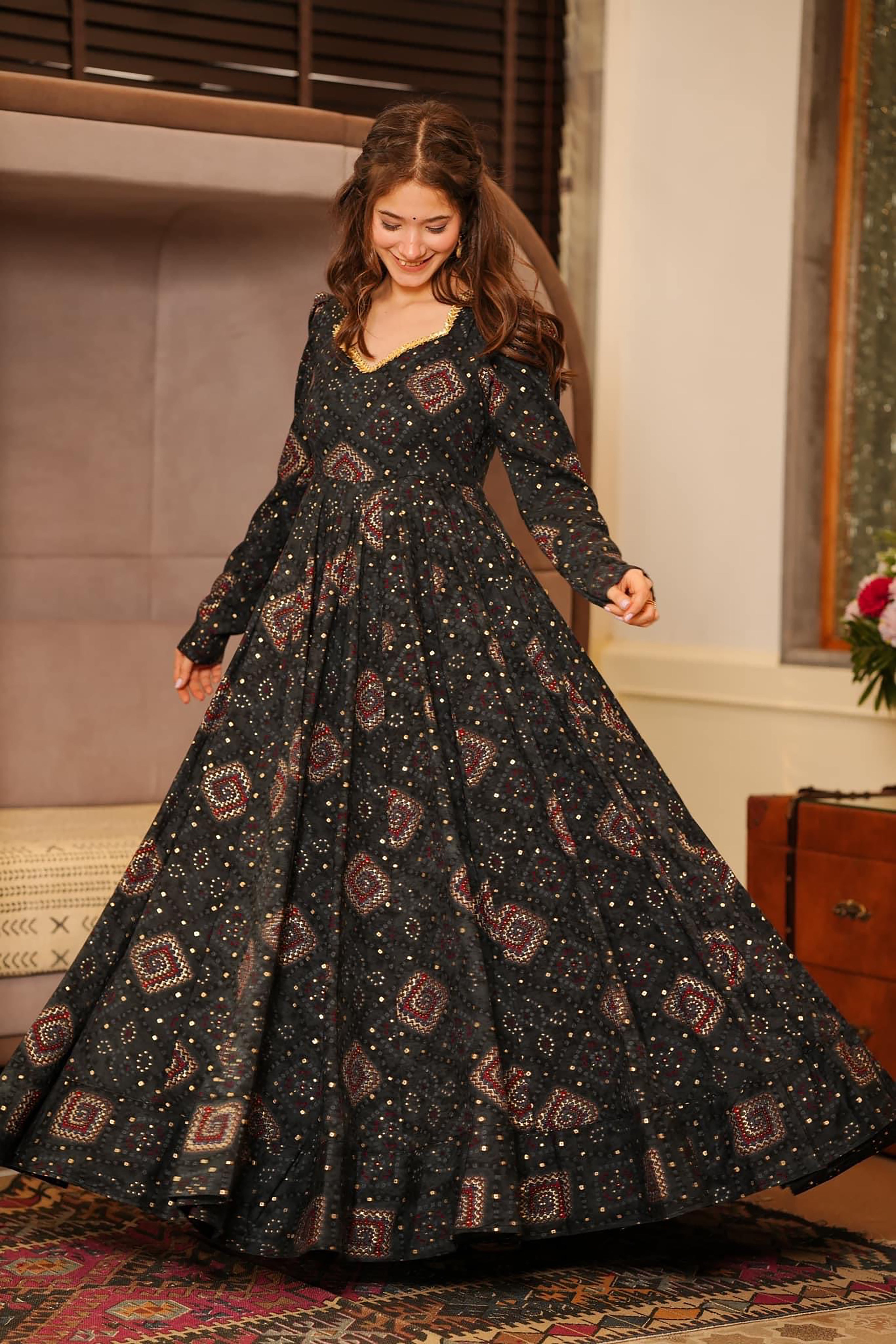 Black Rayon Digital Printed Anarkali Flared Gown