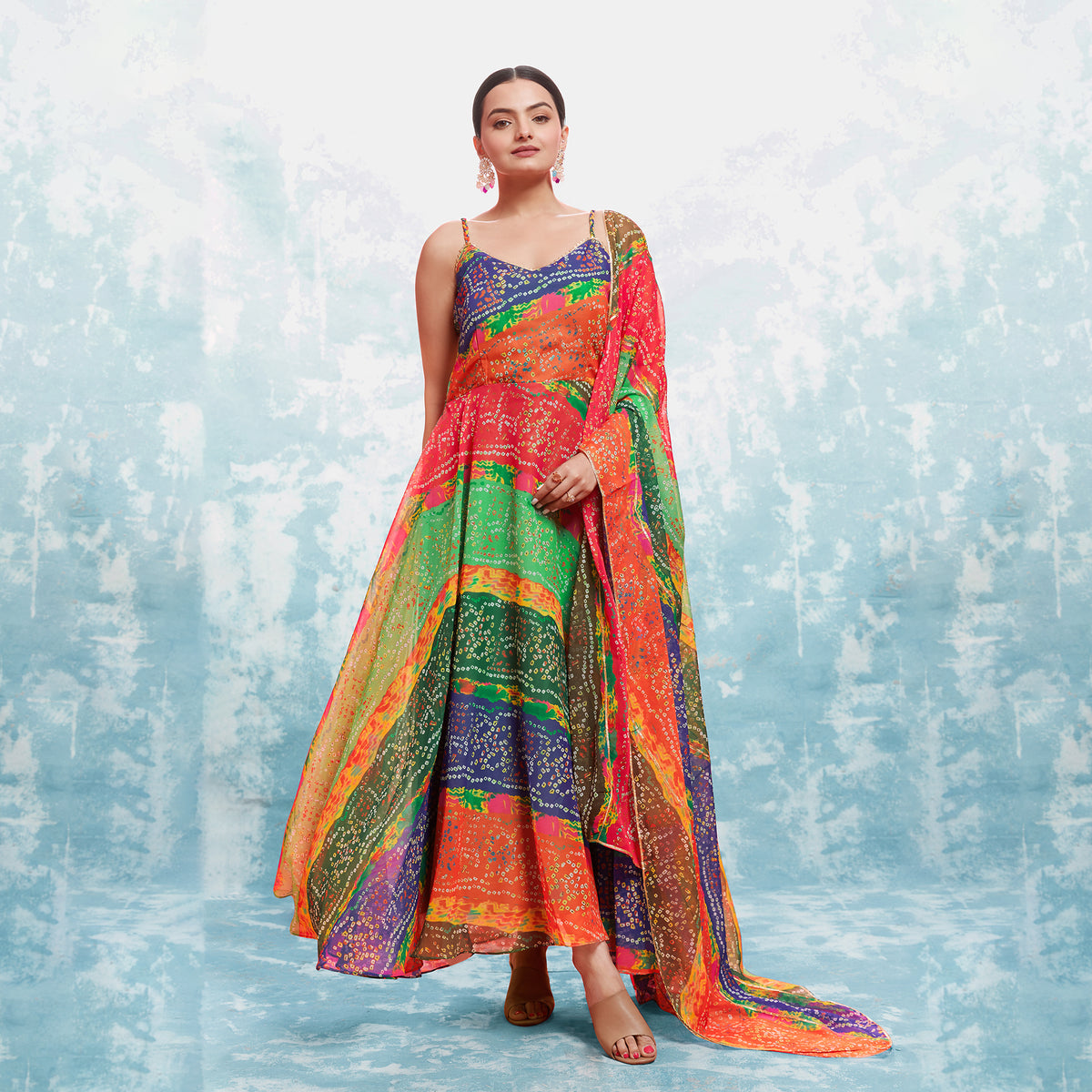 Multi Georgette Bandhani Printed Gown With Dupatta