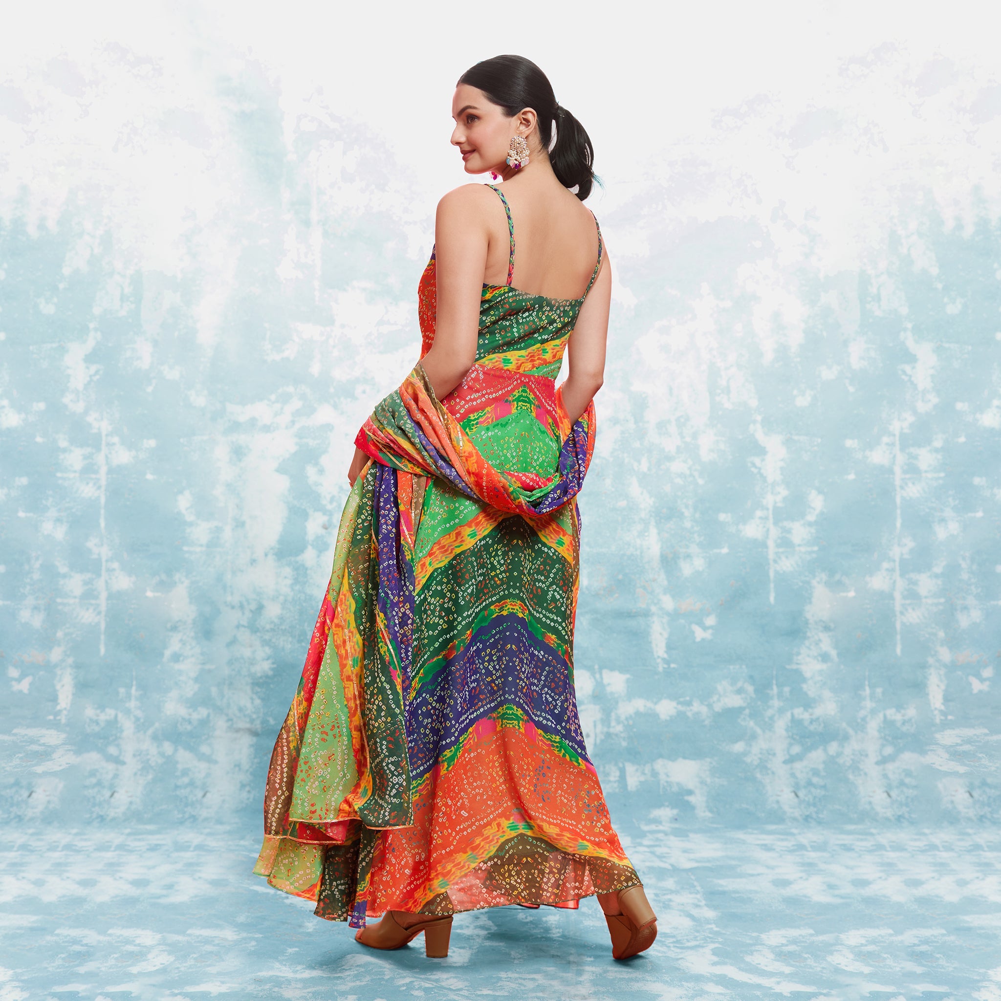 Multi Georgette Bandhani Printed Gown With Dupatta