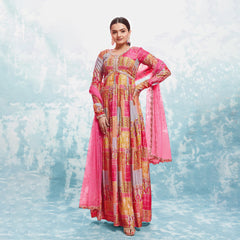 Multi Muslin Printed Gown With Dupatta