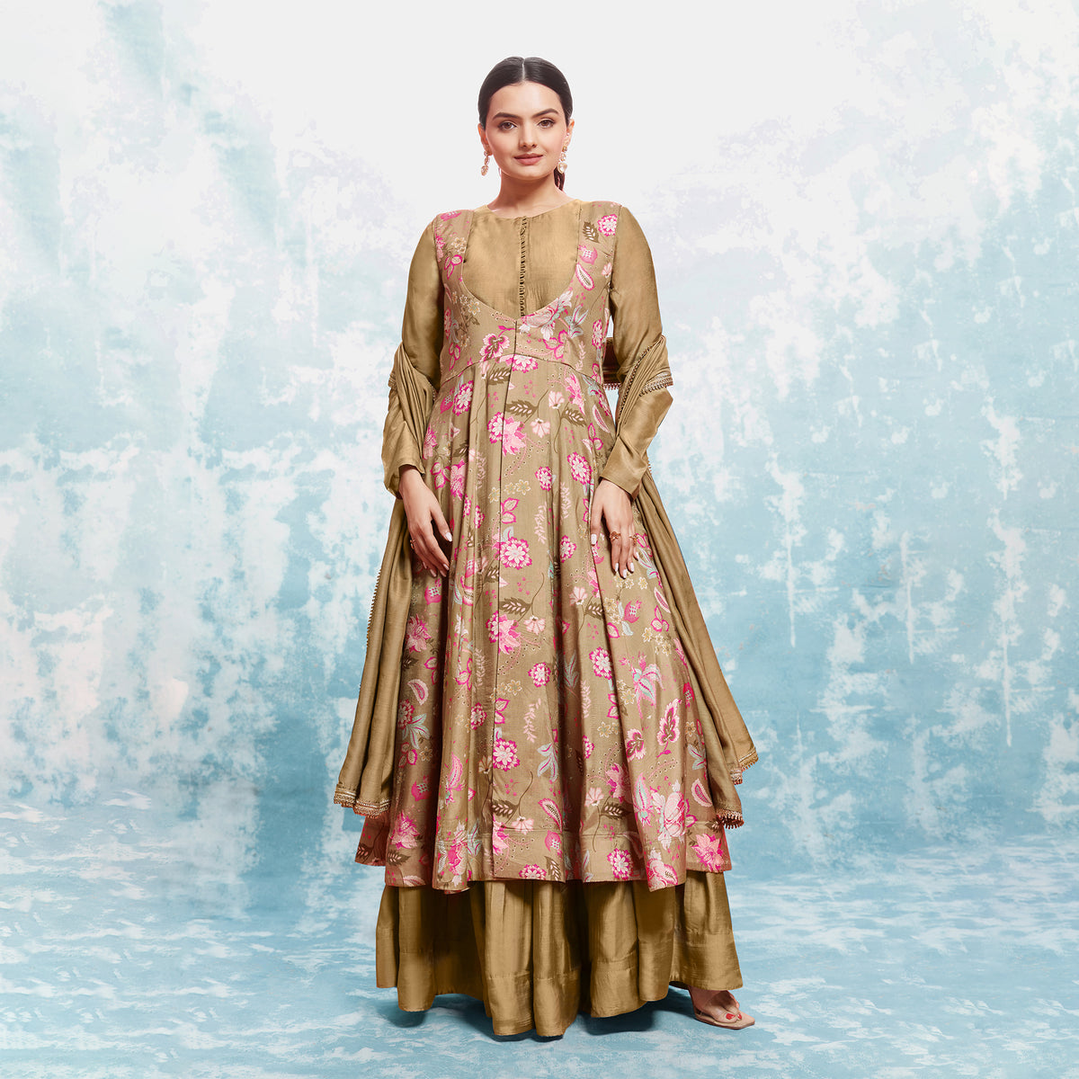 Brown Muslin Printed Gown With Bottom Dupatta