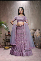 Purple Net Embroidery Lehenga Choli